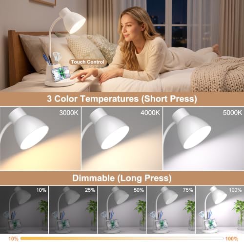 10W Wireless Charging LED Desk Lamp with Pen Holder, CRI 95, White