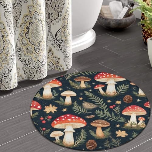 Soft Round Yoga Carpet, Large Home Decor Mat, Non Slip Machine Washable Kitchen Office Circle Rug Mushrooms