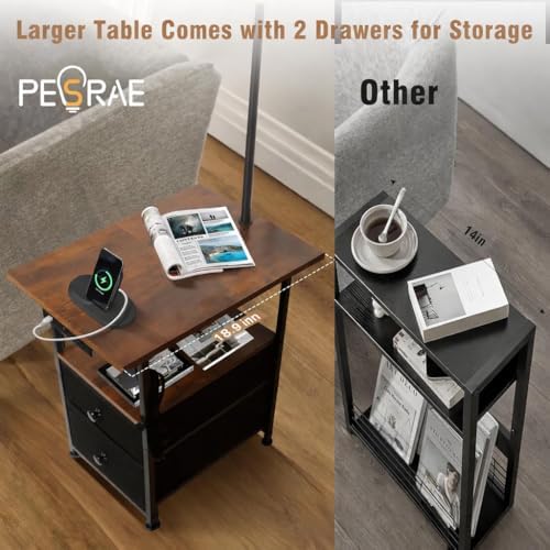 PESRAE Floor Lamp with Table & 2 Drawers, End Table with Lamp, Rustic Brown