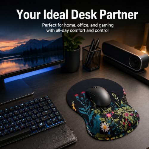 Mouse Pad with Wrist Rest Ergonomic Memory Foam Support, Non-Slip Rubber Base, Comfortable Typing Cushion for Home Office Computer Laptop, Flowers Grass