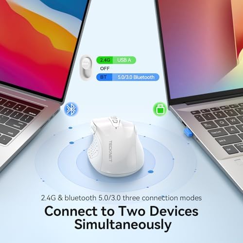 TECKNET Rechargeable Jiggler Wireless Mouse, Dual-Mode Connectivity, White
