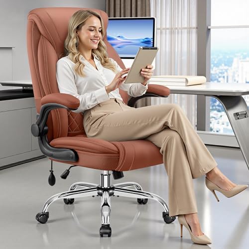 BestGlory Executive Office Chair with Lumbar Support, Big and Tall Ergonomic Computer Desk Chair, Leather Comfy High Back Gaming Chair with Flip Up Arms & Rocking Function for Home Office, Brown
