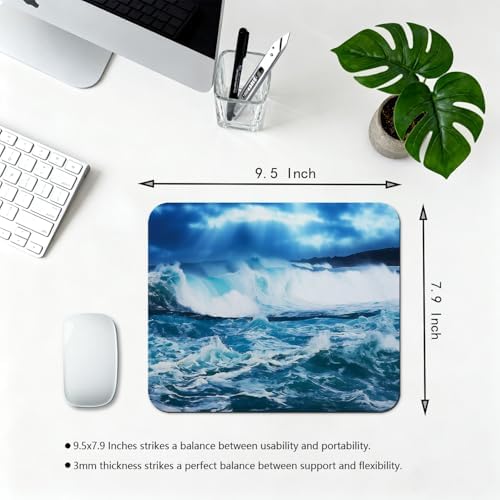 9.5x7.9 Inch Office/Gaming Mouse Pad, Turquoise Crashing Ocean Waves Coastal Stormy Sea & Sunbeams, Cute Anti-Slip Mat for Desk Decor