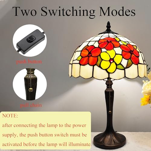 Tiffany Style Table Lamp Antique Stained Glass Lamp Red Flower Style Desk Bedside Light for Home Bedroom Living Room Office with LED Bulb