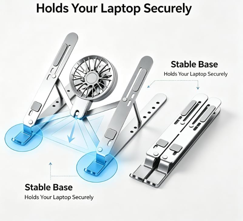 Laptop Stand for Desk, Foldable Portable Laptop Stand Notebook Holder, Detachable Silent Cooling Fan Notebook Mount Stand for 10-15.6” LaptopsTablets Perfect for Office/Home (Black)