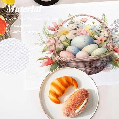 Shrahala Easter Basket with Eggs Set of 4 12 X 18 Inch Linen Placemats, Basket of Colorful Eggs Burlap Table Mat Washable Double Layered Heat Insulation for Indoor/Outdoor