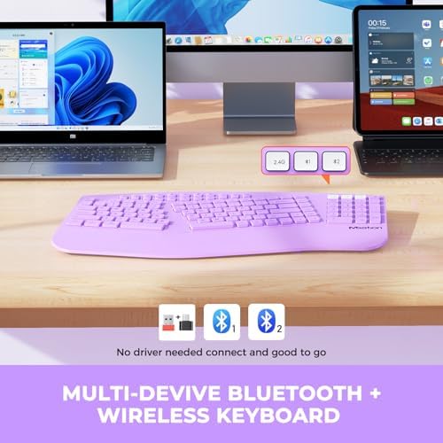 MEETION Ergonomic Keyboard Wireless, Multi-Device Bluetooth Keyboard, Full-Sized Split Computer Keyboards, Wrist Rest for Natural Typing, for Windows/Mac/Laptop/Table/PC, Purple