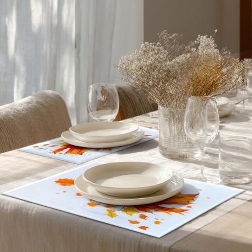 Shrahala Autumn Maple Leaves Set of 6 12 X 18 Inch Linen Placemats, Orange Fall red Leaves Burlap Table Mat Washable Double Layered Heat Insulation for Indoor