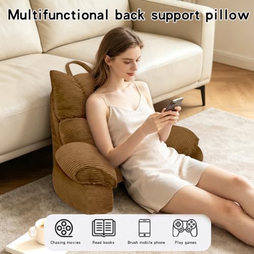 Reading Pillow for Bed with Arms, Back Support, Memory Foam（Brown，Large）