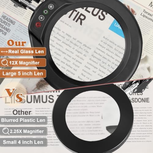 VEEMAGNI 5 Inch Large Real Glass Magnifying Glass with Light and Stand, 5 Color Modes Stepless Dimmable, 2*16 Inch Swivel Arm LED Clamp Desk Lamp, Hands Free 12X Lighted Magnifier for Close Work Craft