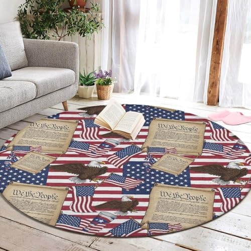 Fashion Round Area Rug Large Non Slip Carpet, American Flag Patriotic USA Bald Eagle and Book Unisex Home Decor Mat, 60inch