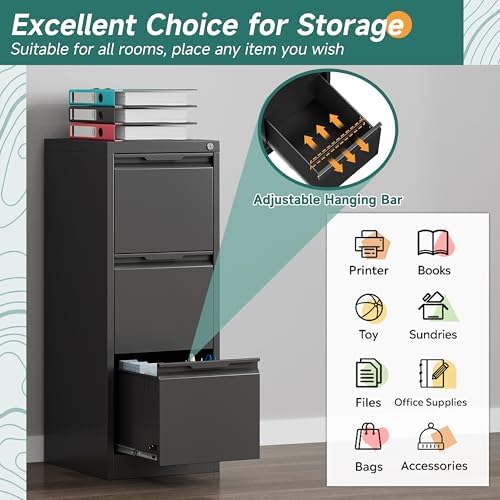 3 Drawer File Cabinet with Lock,Metal File Cabinet for Home Office,Black Vertical Filing Cabinets Heavy Duty Office Storage Cabinets for Letter/Legal/A4/F4 Size File, Assembly Required