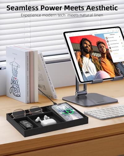 Valet Tray with Wireless Charger, Nightstand Organizer & Catchall Tray for Phone, Keys, Glasses and Accessories, Premium Linen, Stylish Desk & Bedside Storage Station, Black