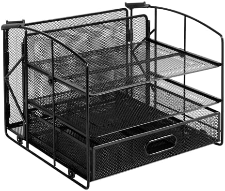 Amazon Basics Sturdy Rectangular Desktop Organizer with 3 Trays, Sliding Drawer and Hanging File Holder for Office Supplies, Black
