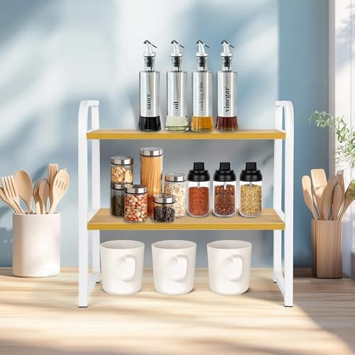 Desktop Shelf Organizer Office Desk Shelf for Top of Desk Wood & Metal Bookshelf Supplies Storage Rack (White&Walnut)
