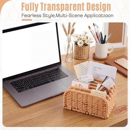 Rattan Mail Organizer for Desk Mail Holder Countertop with 5 Slot Rattan Letter Sorter File Holder Envelope Book Stand Farmhouse Office Desk Organizer and Storage Accessories