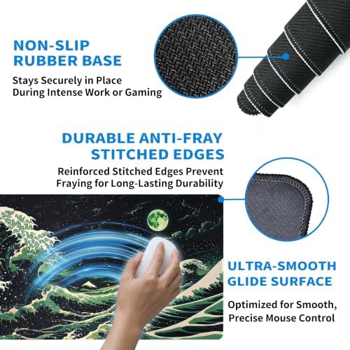 Extended Japanese Great Wave Desk Mat, XXL Large Gaming Mouse Pad, Moonlit Ocean Stitched Edges Waterproof with Non-Slip Rubber Base for Computer Keyboard Laptop Work Home Office 35.4"x15.7"