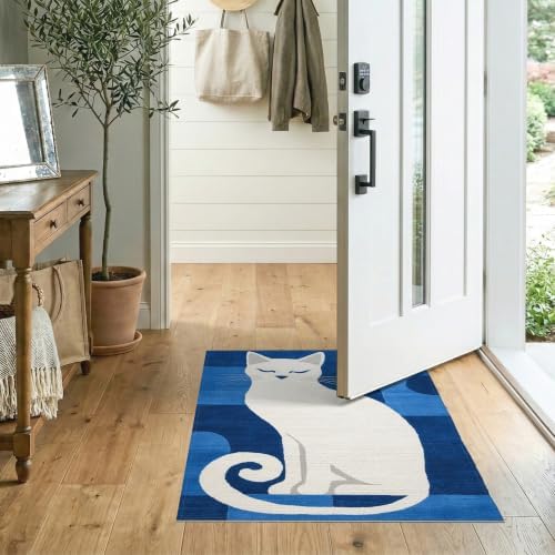 2'x3' Blue White Cat Sapphire Design Washable Accent Rug