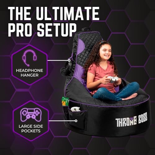 Gaming Bean Bag Chair Cover for Adults, High Back, Large Pockets, Purple