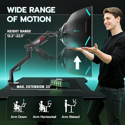 ARES WING Gas Spring Ultrawide Monitor Arm 57" 66Lbs USB VESA Dual Base