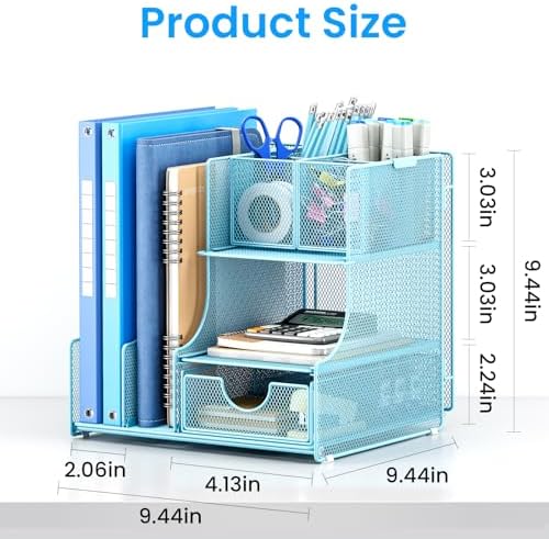 Lavatino Desk Organizer – 4-in-1 Blue Mesh Office Supplies Organizer with Pen Holder, File Holder, Desktop Tray, and Drawer for Home, Office, Classroom