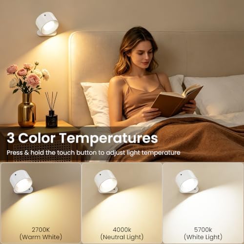 Koopala 3PACK Rechargeable LED Wall Sconce, Cordless Battery with Remote, Powered Wall Sconce, 3 Brightness Levels, 360° Swivel Magnetic Shade for Bedrooms, Hallways, Den and Reading Spaces（White）