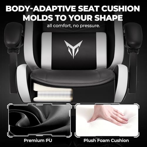 GTPLAYER Gaming Chair for Adults, Big and Tall 300LBS Heavy Duty Office Chair with Footrest, Ergonomic High Back Lumbar Support and Wide Comfy Cushion with Linkage Armrests for Home Office, White
