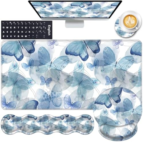 Mouse Pad,Large Pink Desk Mat, 4in1 XXL Mousepad + Keyboard Wrist Rest+Mouse Wrist Rest+Coaster Set with Ergonomic Desk Pad for Home Office Table Computer-Blue Butterfly