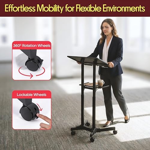 Pyle Lectern Podium Stand | Adjustable Height Top Shelf, Bottom Shelf, Locking Plastic Wheels, & LED Reading Light | Mobile Standing Desk for Classrooms & Presentations | Portable Rolling Table Design