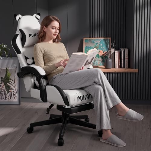 PUKAMI Gaming Chair with Cat Ears,Cute Computer Chair for Girl with Footrest,Ergonomic Gamer Chair, Kawaii Gaming Chair, Game Chair (Black and White)