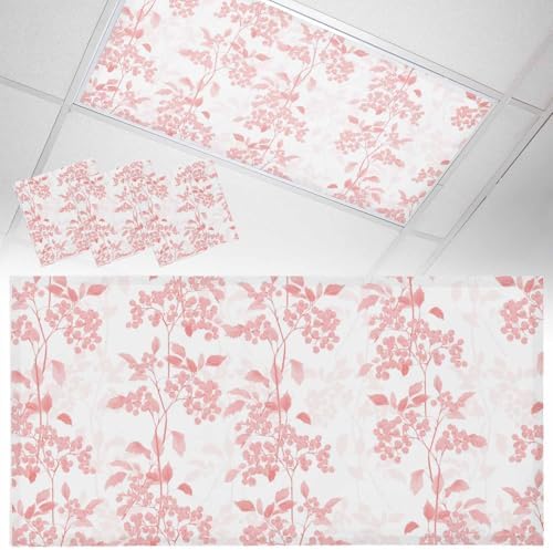 Pink Flower Leaves Magnetic Fluorescent Light Covers for Ceiling Lights 2 x 4 Feet,Grey Modern Pastel White Floral Spring Summer Office Classroom Kitchen Drop Ceiling Light Filter Covers 3 Packs
