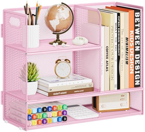 Marbrasse Desk Shelf Organizer with Handle, Bookshelf File Holder, Pink
