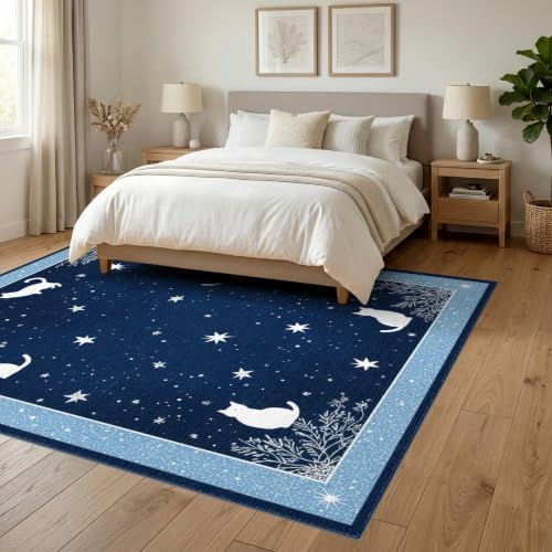 6'x9' Midnight Blue Cat Starry Design Washable Area Rug