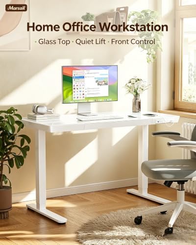 Marsail Glass Standing Desk, 55 x 28 Inch Electric Standing Desk,White