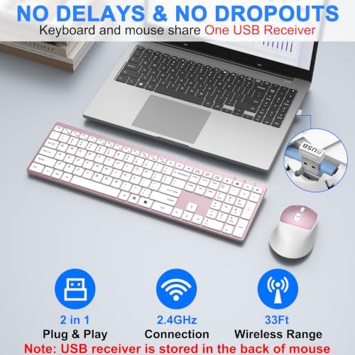 Wireless Keyboard and Mouse Combo, Full Size Silent Ultra Thin Keyboard with Magnetic Wrist Rest, Optical Mouse, 2.4G Lag-Free Cordless Mice Keyboard Set for Computer, Mac, Laptop, PC, Windows