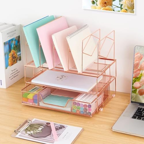 Desk Organizers and Accessories, 2-Tier Desk Organizer with Drawer, Rose