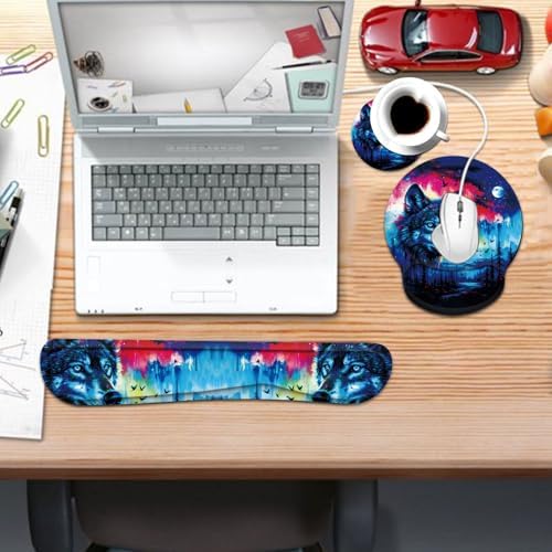 Keyboard Wrist Rest and Mouse Pad Wrist Support Set with Coaster,Comfortable for Easy Typing,Pain Relief,Memory Foam Keyboard Pad Set for Laptop Mac,Forest Wolf