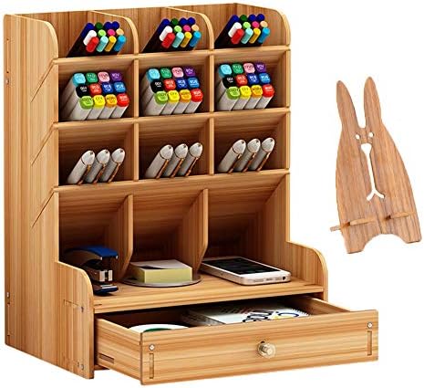Marbrasse Wooden Desk Organizer, Multi-Functional DIY Pen Holder, Organizer for desk, Desktop Stationary, Easy Assembly, Home Office Art Supplies Storage with Drawer (B11-Cherry Color)