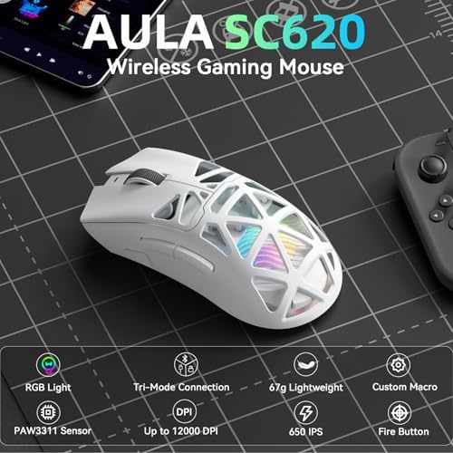 Aula SC620 Wireless Gaming Mouse, Tri-Mode 2.4GHz/USB-C/BT5.3 Computer Mouse with 12000 DPI, Programmable Macro Gamer Mouse with Rapid Fire Key, RGB Light White Gaming Mice for PC/Laptop/Mac