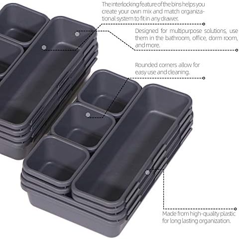 Set of 22 Interlocking Desk Drawer Organizer Tray Dividers Plastic Shallow Narrow Drawers Organizers Separators and Storage Bins Container for Kitchen Bathroom Makeup Office Vanity Bedroom Dresser