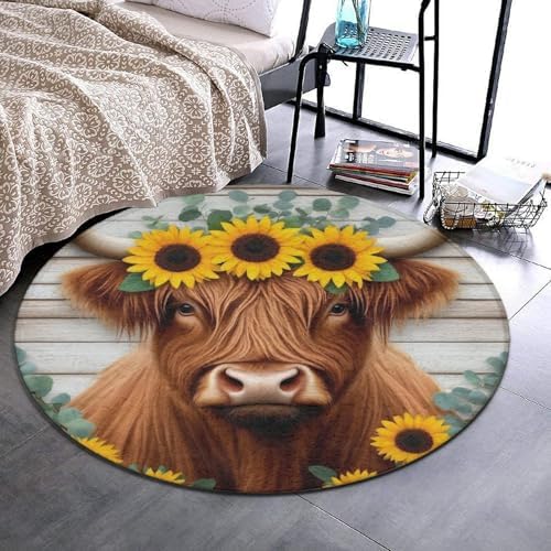 Large Home Decor Mat, Soft Round Yoga Carpet, Non Slip Machine Washable Kitchen Office Circle Rug Sunflower Highland Cow