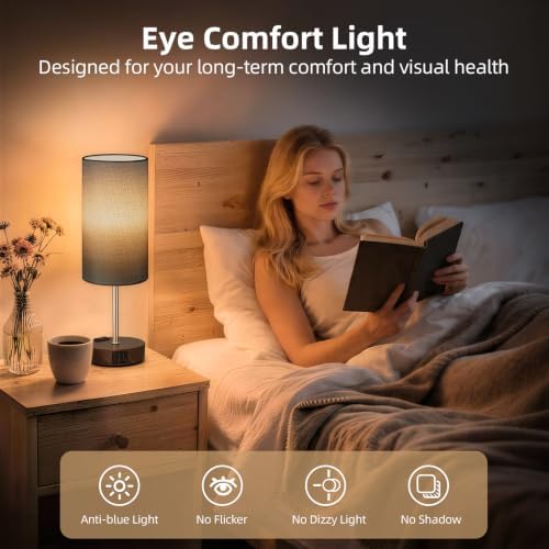 Table Lamp, Dimmable Touch, AC Outlet, USB A+C (Grey&Walnut)