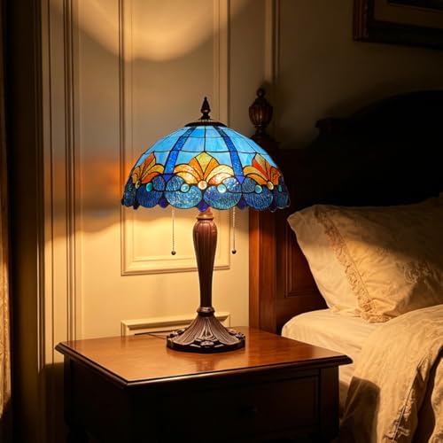 Tiffany Table Lamp 16" Blue Large Stained Glass Desk Reading Light