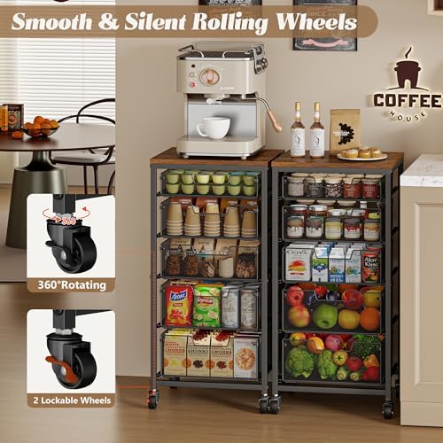 Rolling Cart with Drawers, 5-Drawer Storage Cart on Wheels with Vintage Wooden Top, Heavy Duty Metal Utility Cart, Mobile Craft Art Storage Cart for Kitchen, Bathroom, Office, Bedroom, Art Studio