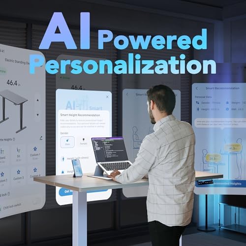 HUANUO AI-Powered Electric Standing Desk with Smart APP, Work with Alexa & Google, Adjustable Height, 6 Memory Settings, Sedentary Reminder, Ergonomic Sit-Stand Desk, 32-inch, Light Walnut