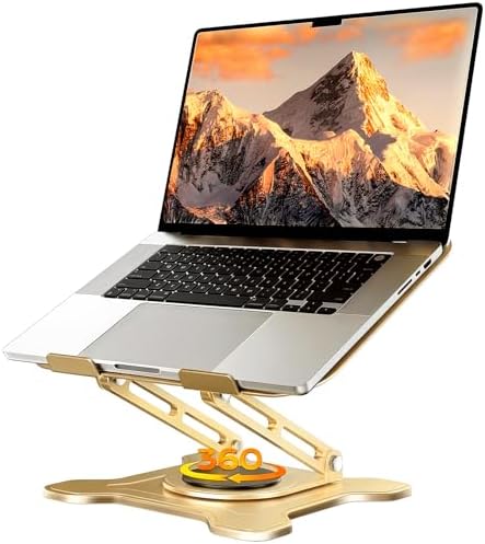 JCZT 360° Rotating Laptop Stand for Desk, Metal Foldable Laptop Riser, Gold