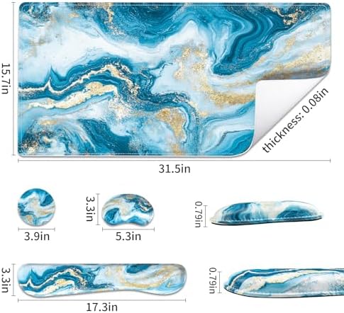 QiyI PU Leather Desk Mat Set, 4-in-1 Ergonomic Wrist Rest, Blue Fluid Art