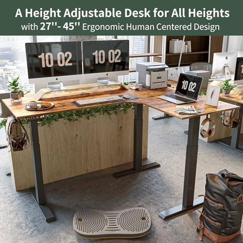FEZIBO Triple Motor 63" L Shaped Standing Desk, Electric Standing Gaming Desk Adjustable Height, Corner Stand up Desk with Splice Board, Black Frame/Rustic Brown Top