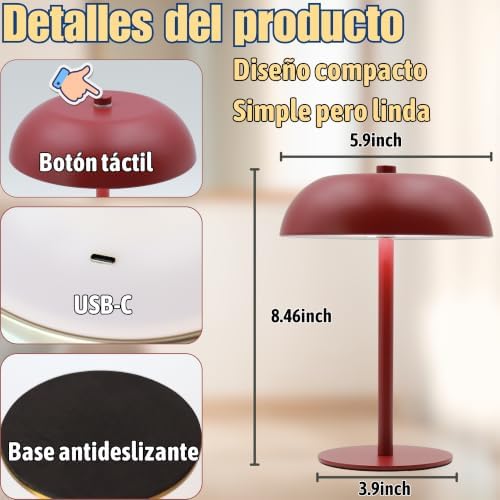 Cordless LED Mushroom Table Lamp, 5200mAh Battery, Dimmable 3 Color, Red