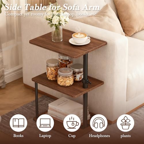 Faesun Swivel Side Table for Couch Arm, Height Adjustable C Shaped End Table for Recliner or Bed, Tv Trays with Storage Shelf for Small Spaces- Small Nightstand for Living Room, Bedroom